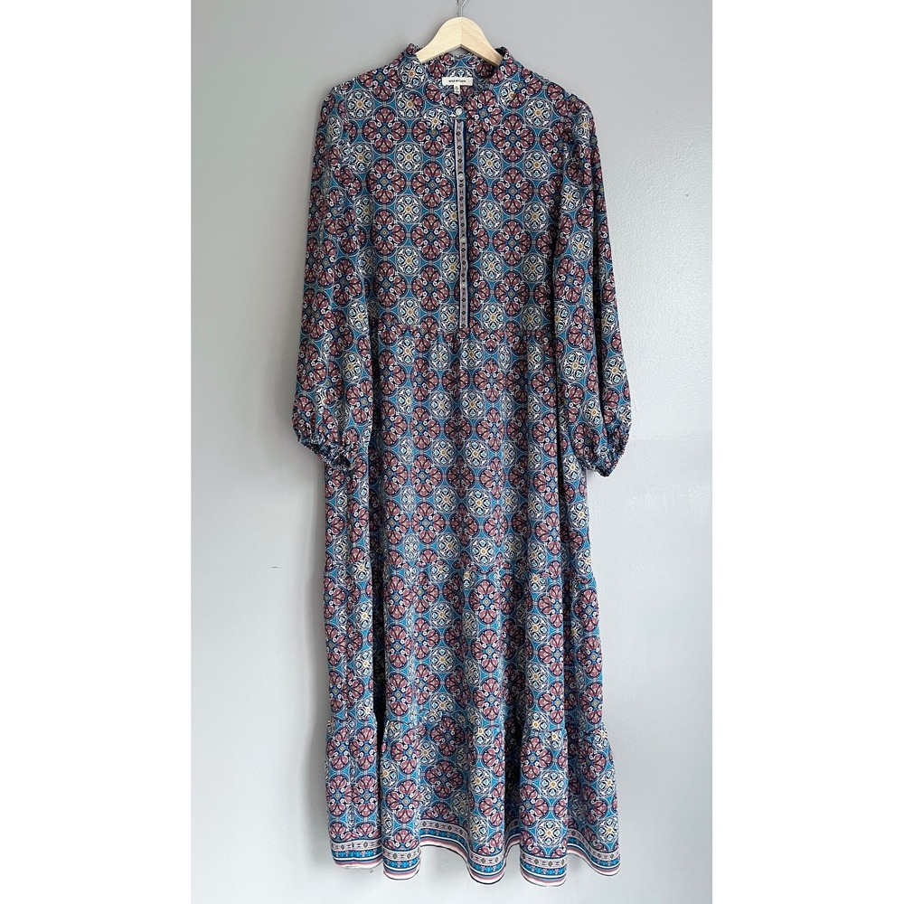Max Studio Maxi Dress Womens XL Blue Pink Medallion Long Sleeve Tiered Boho